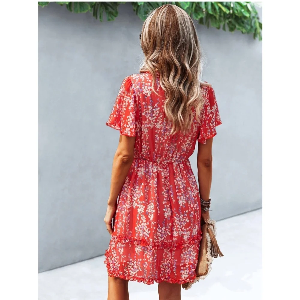 Floral Red Dress Summer V-Neck Short Mini - Picture 4 of 7